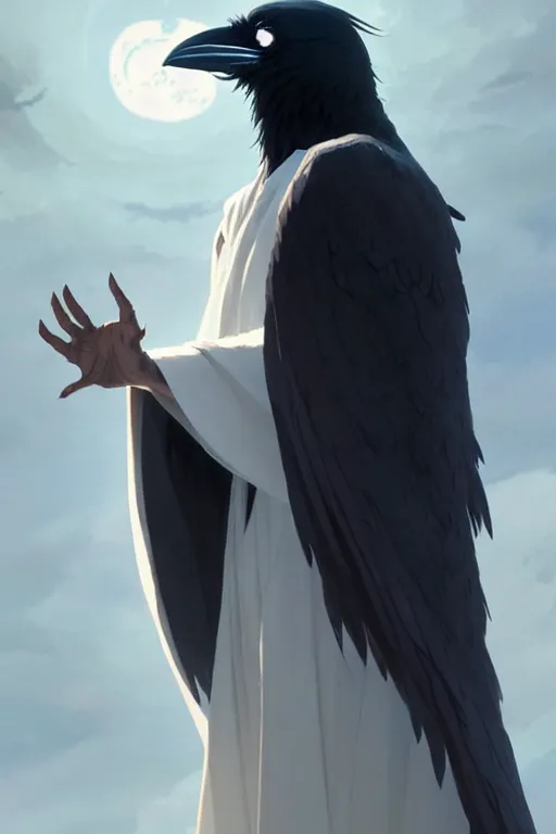 Image similar to raven headed warlock doing magic spells wind, white robes, finely detailed perfect face, exquisite details, mid view, design on a white background, by studio muti, greg rutkowski makoto shinkai takashi takeuchi studio ghibli