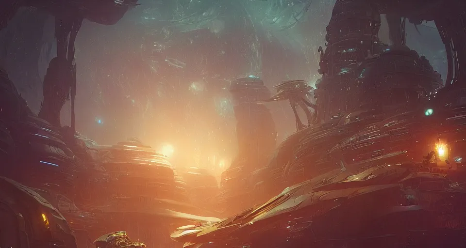 Prompt: Retro futuristic Sci-Fi space forest scene, Giant Aztec spaceship, nebulas swirls, dusk lighting, intricate details ,by denis villeneuve, Ridley Scott, Greg Rutkowski and Alphonse Mucha