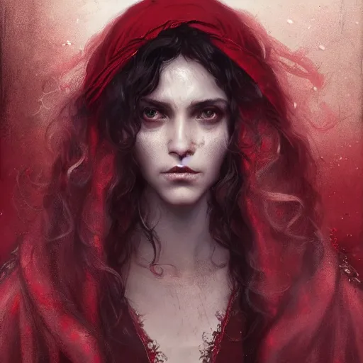 Prompt: portrait of a gorgeous italian vampire girl with ringlets wearing tattered crimson robes, HD, D&D 4k, 8k, incredibly detailed, intricate, masterpiece, digital illustration by greg rutkowski and tom bagshaw, trending on artstation, character design, concept art