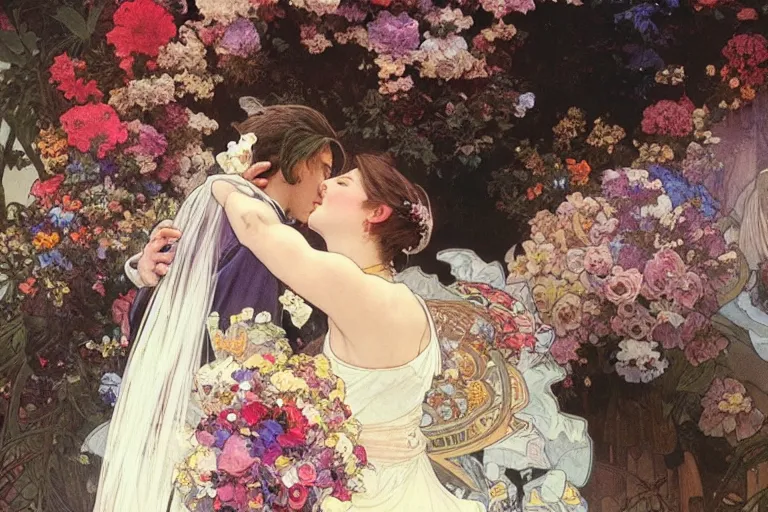 Image similar to the groom kisses the bride at a wedding full of flowers, bright and happy, dreamlike art, highly detail, 4 k realistic, wedding photoy krenz cushart. artem demura. alphonse mucha. yoji shinkawa artgerm. jon lothian. danilo torres. adi meyers. thomas reimann. gaston bussiere.