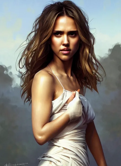 Image similar to half Jessica Alba half Nathalie Portman half scarlett johansonna pure seductive angel, full body portrait, slight smile, diffuse natural sun lights, autumn lights, highly detailed, digital painting, artstation, concept art, sharp focus, illustration, art by wlop and greg rutkowski and alphonse mucha and artgerm