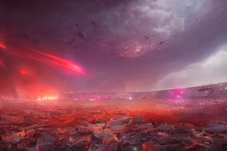 Image similar to meteorites fall from the red sky upon a crumbling football stadium, crowds panic, cinematic lighting by Jessica Rossier, stunning volumetric lighting, photorealistic, hyper detailed, unreal engine 5, IMAX quality, cinematic, epic lighting