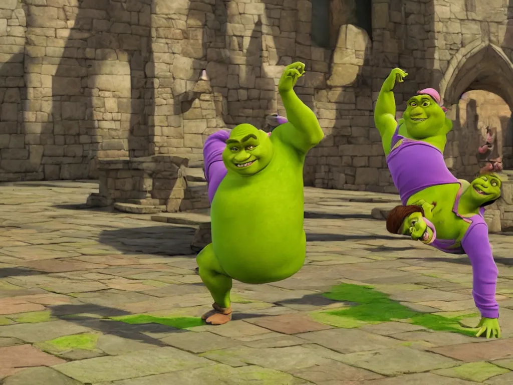 Image similar to shrek breakdancing while lord farquaad is in the back being impressed, High Definition detail, 8K, photography