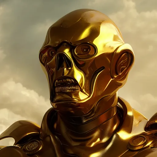 Image similar to portrait of doom gold statue reflect chrome, 8 k uhd, unreal engine, octane render in the artstyle of finnian macmanus, john park and greg rutkowski