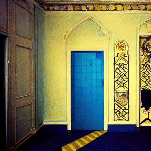 Prompt: a black nightmare in a blue and gold haunted liminal abandoned room, film still by wes anderson, limited color palette, very intricate, art nouveau, highly detailed, strong lights, liminal, eerie, bright pastel colors