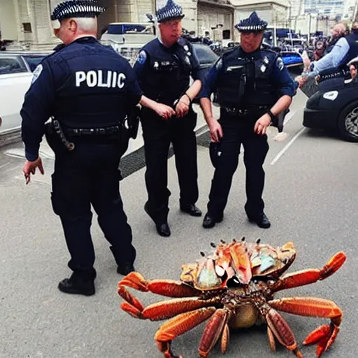 Image similar to police handcuffing a very enormous giant crab
