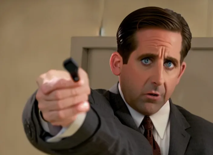 Prompt: film still of michael scott aiming a pistol, 8 k,