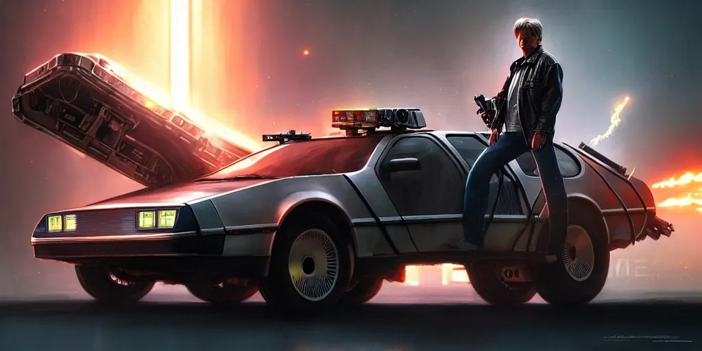 Image similar to marty mcfly drives the delorean through the robot apocalypse, terminator, highly detailed, digital painting, artstation, concept art, matte, sharp focus, illustration, art by artgerm and greg rutkowski and alphonse mucha