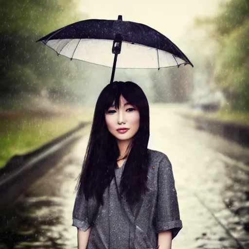 Image similar to centered portrait of beautiful Kawai Japanese girl posing in the rain