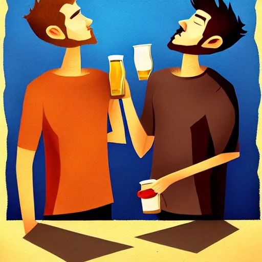 Prompt: two beautiful chad men drinking beers, !!!hearts!!!, friendship, love, sadness, dark ambiance, concept by Godfrey Blow, featured on deviantart, drawing, sots art, lyco art, artwork, photoillustration, poster art