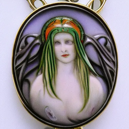 Image similar to an artnouveau necklace in the shape of a goddess painted by H.R.Giger as an artnouveau necklace made by René lalique
