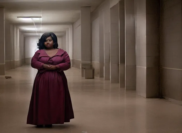 Image similar to cinematic shot of octavia spencer in an abandoned mall, iconic scene from the paranoid thriller sci fi film directed by stanley kubrick, 2 4 mm anamorphic lens, moody strange cinematography, beautiful composition, color theory, leading lines, photorealistic, moody volumetric lighting