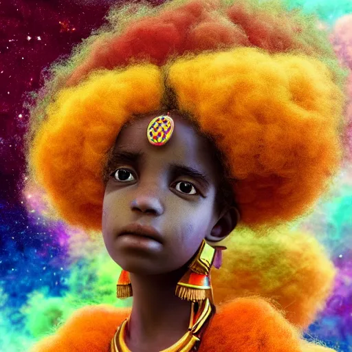 Image similar to a cute little african egyptian princess with a colorful afro sitting on a nebula cloud throne, bright colors, synthwave, watercolor, volumetric wool felting, felt, macro photography, children illustration, global illumination, radiant light, detailed and intricate environment, by goro fujita