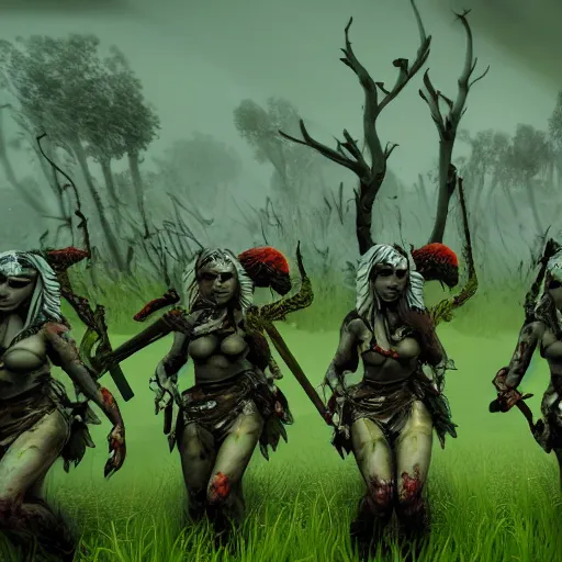 Prompt: squad of beautiful armed zombie girls in army of nurgl warhammer in fantasy green forest between a trees fights with a monster, dark fantasy, highly detailed, trending on artstation, Unreal Engine 4k