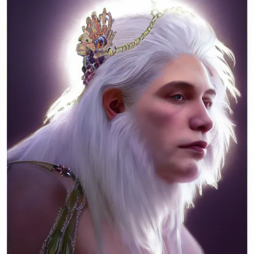 Prompt: a beautiful white haired young 🦍, adorned with precious stones, tiara and necklace by jeremy mann and alphonse mucha, photo realistic, dynamic lighting, windy, artstation, poster, dreamy, volumetric lighting, ethereal, 4 k, high detail