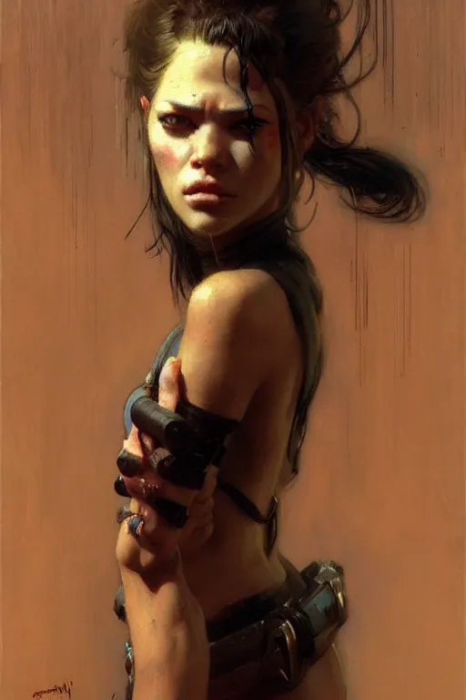 Image similar to portrait max mad cyberpunk, girl with a future weapon character design, painting by gaston bussiere, katsuya terada, nc wyeth, greg rutkowski, craig mullins, vermeer, frank frazetta, tom of finland, trending on artstation, jeffery catherine jones