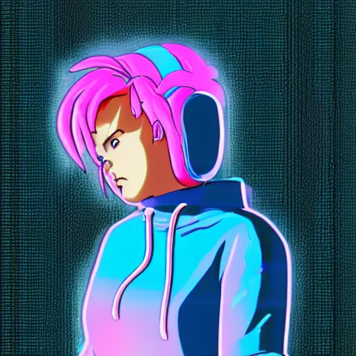 Image similar to bulma in hoodie, portrait, vaporwave, synthwave, neon, vector graphics, cinematic, volumetric lighting, f 8 aperture, cinematic eastman 5 3 8 4 film