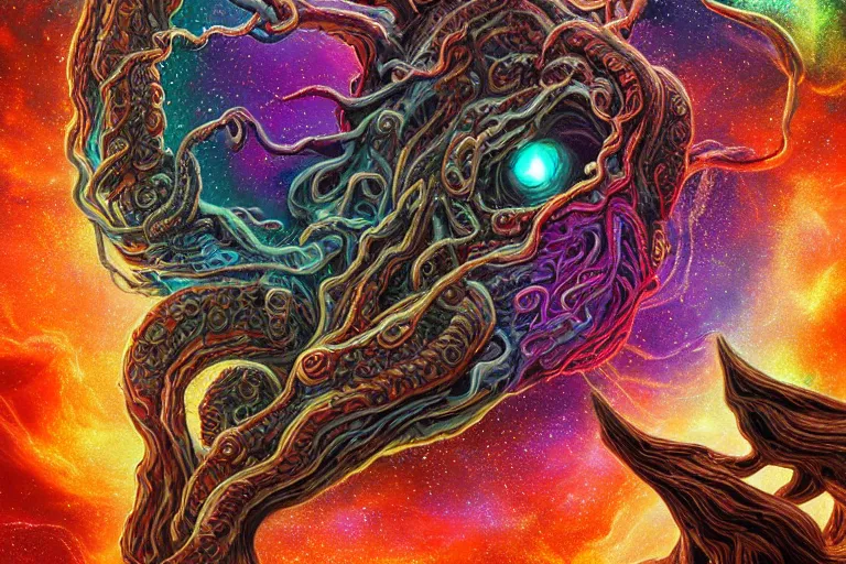 Image similar to a giant skull and flesh creature with deep and intricate rune carvings and twisting lovecraftian tentacles emerging from a space nebula by dan mumford, twirling smoke trail, a twisting vortex of dying galaxies, collapsing stars, digital art, photorealistic, vivid colors, highly detailed, intricate