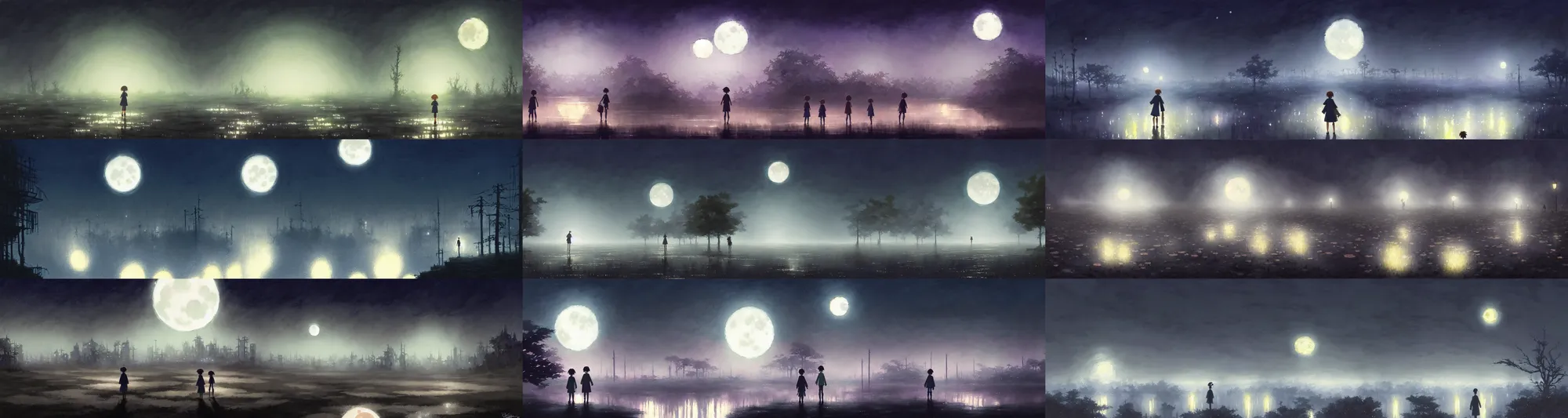 Prompt: a wholesome animation key shot of a deep random muddy foggy floor nighttime panorama with giant moon, studio ghibli, pixar and disney animation, sharp, rendered in gouache painting, anime gouache key art by greg rutkowski, bloom, dramatic, dynamic lighting