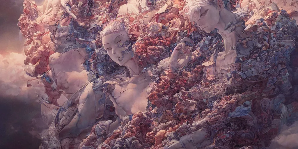 Image similar to monumental paiting soft light by james jean and katsuhiro otomo and yoshitaka amano, inspired by akira anime, smooth face feature, octane render, intricate oil painting, high detail illustration, sharp high detail, manga and anime 1 9 9 9