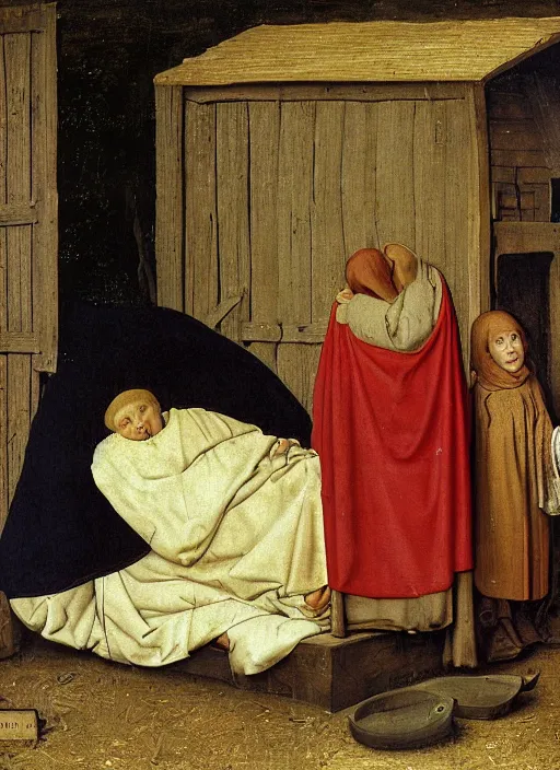 Image similar to Unconscious 10 years old boy dressed in some rags curled up into a ball, he clung to the side of the wagon, medieval painting by Jan van Eyck, Florence