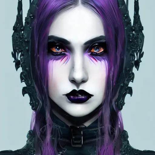 Image similar to a girl wearing gothic clothes, purple lipstick, highly detailed, digital painting, artstation, concept art, smooth, sharp focus, illustration