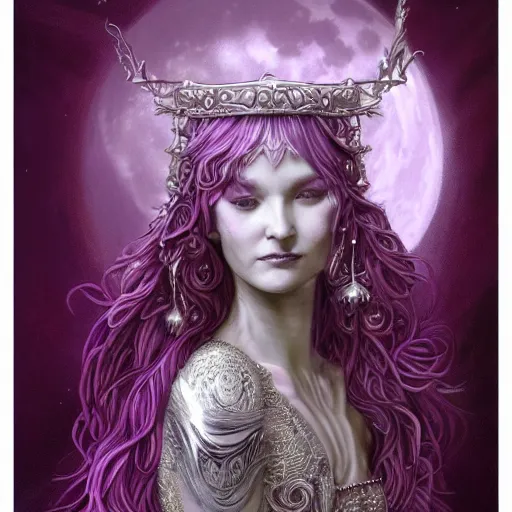 Prompt: painting of fae prophetess of the moon, silver filigree armor and tiara, moon above head, purple wavy hair, smooth translucent skin, wide striking eyes, beautiful! coherent! symmetrical body, by brom, by junji ito, by brian froud, strong line, high contrast, muted color, preraphaelite style, 4 k, trending on artstation