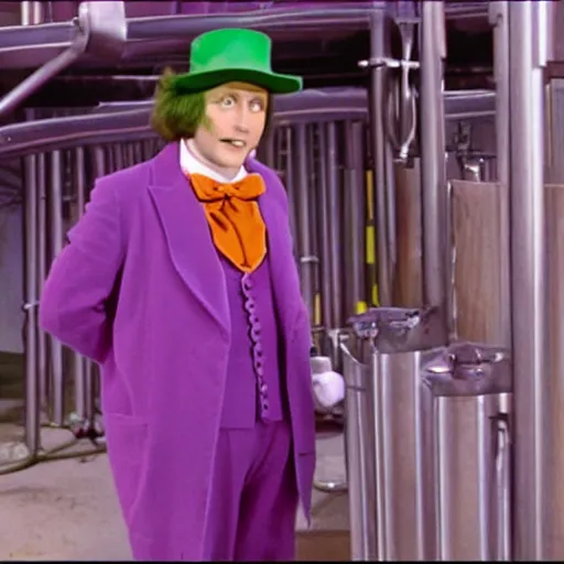 Image similar to security cam footage still of Willy Wonka in his Chocolate Factory