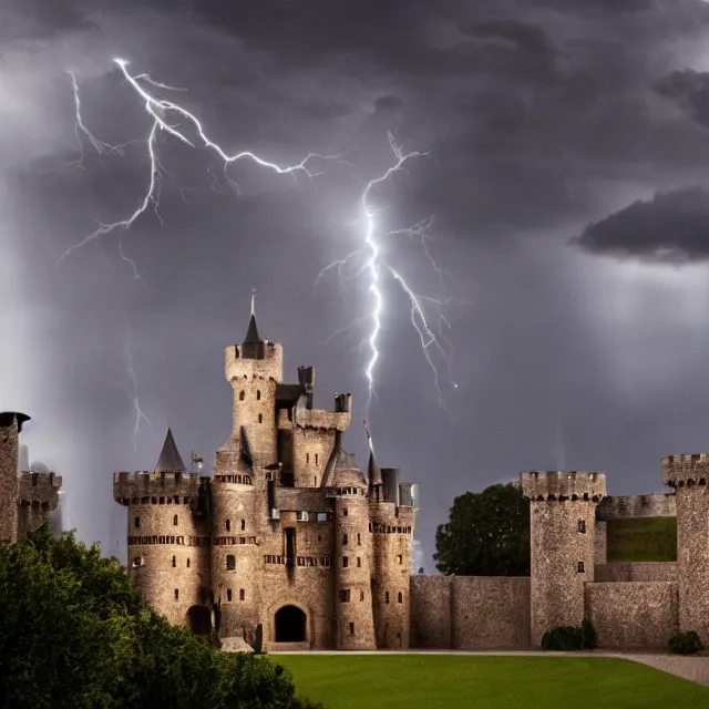 Prompt: hyper realistic photo, well maintained castle with moody lighting, far away - shot from the front gate courtyard with lightning in the background