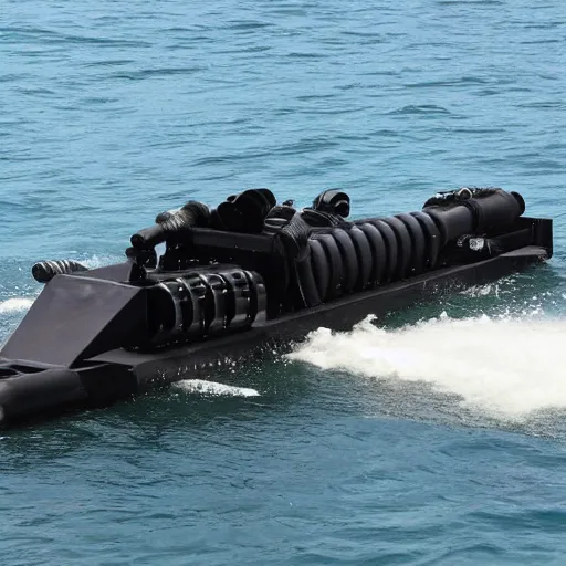 Prompt: speedboat (m134 minigun) (m134 minigun mounted on a speedboat) (m134 minigun on top of a speedboat) (speedboat with a m134 minigun mounted) (m134 minigun)
