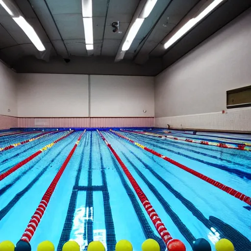 Prompt: A photograph of a YMCA swimming pool, poor quality, nostalgic, liminal space