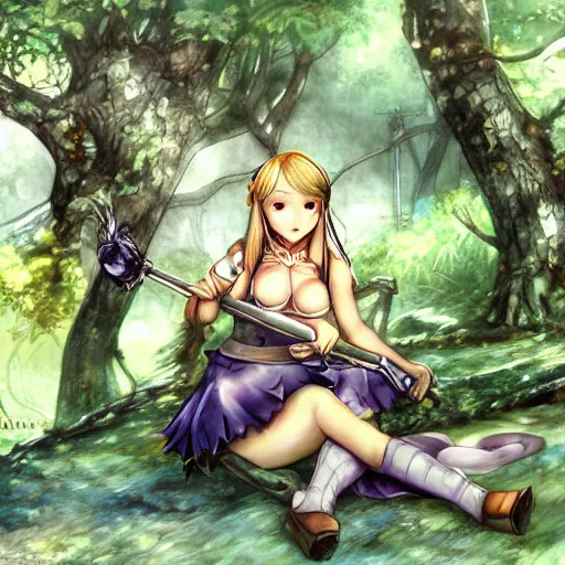 Prompt: a female knight resting in a glade, vanillaware artwork