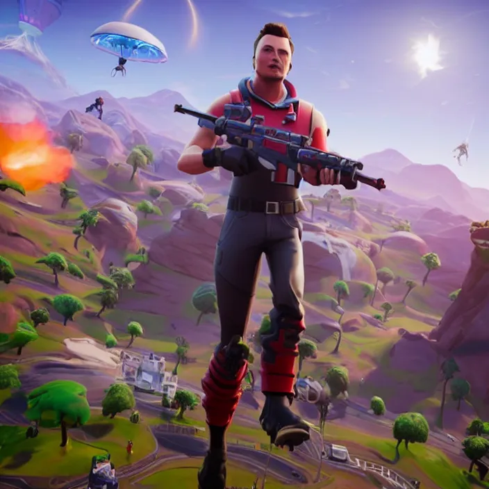 Prompt: cgi cinematic, elon musk in the video game fortnite, elon musk as a fortnite character, 3 d rendering, unreal engine, very detailed