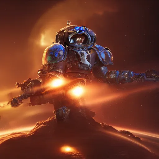 Image similar to An octopus wearing a spacemarine armor in outer space, spacecraft, nebula, octane render, 3d, unreal engine, highly detailed, 4k, 8k
