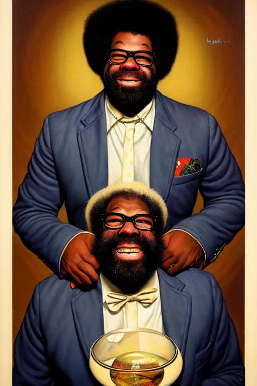 Prompt: portrait of questlove from the roots by gil elvgren and norman rockwell and rob gonsalves and hajime sorayama, hyperrealistic, high detail, ultra detailed, highly detailed face