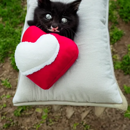 Image similar to A cute little kitten sits on the top of a plush heart-shaped pillow in the park, Canon EOS R3, f/1.4, ISO 200, 1/160s, 8K, RAW, unedited, symmetrical balance, in-frame