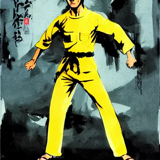 Image similar to Bruce Lee wearing a yellow jumpsuit by Yoji Shinkawa and Ashley Wood