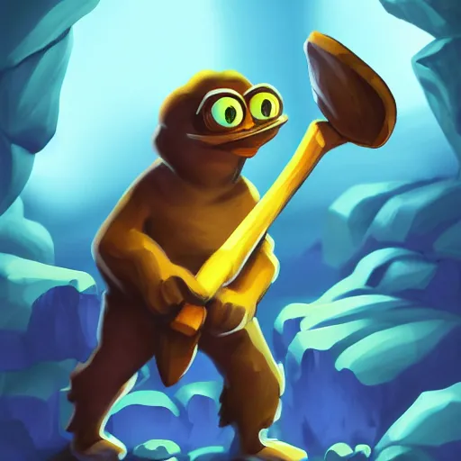 Image similar to pepe the miner with a big spoon full of blue crystals, dark cave, artstation, dramatic light, low angle