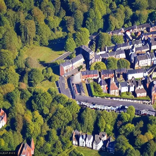 Image similar to beautiful aerial view of a small british town surrounded by a forest