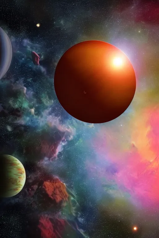Image similar to an earthlike colorful exoplanet surrounded by space and stars, view from space, water on exoplanet