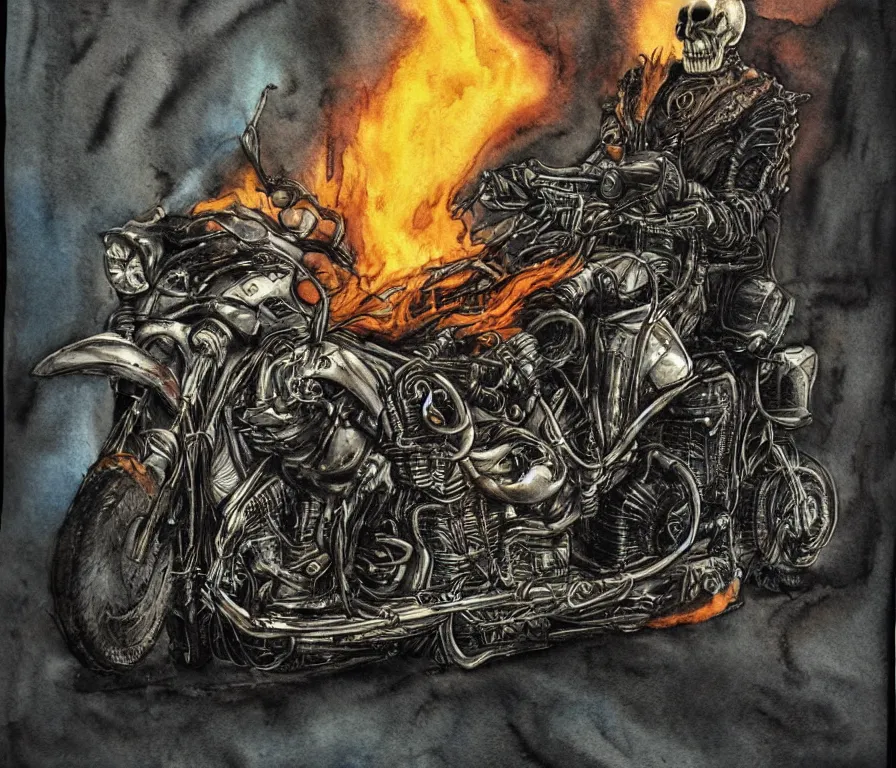 Prompt: watercolor, pen and ink, the ghost rider on his flaming motorcycle chopper designed by Giger, epic, ominous, chiaroscuro, dark saturated colors, terrifying sci-fi horror masterpiece, full body portrait, black background, by Giger