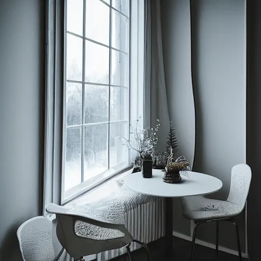 Image similar to “snowy scene low lighting through a window, the room is all white, small table and chair, low light, peaceful scene, environment concept, 4K, UHD”