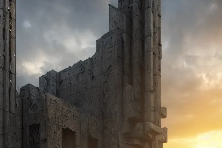 Image similar to an enormous, extremely detailed cathedral of brutalist architecture, covered with greebles, stunning volumetric light, sunset, metal, concrete and translucent material, stunning skies, majestic landscape, trending on Artstation, 8k, photorealistic, hyper detailed, unreal engine 5, IMAX quality, cinematic, epic lighting, in the style of Greg Rutkowski