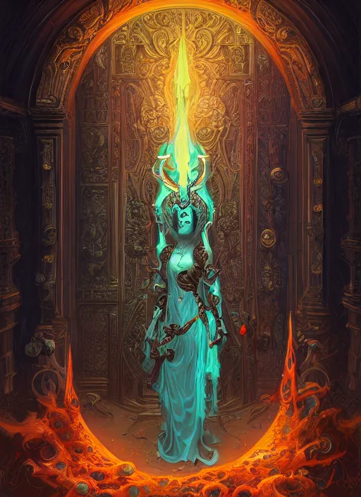 Image similar to intricate rendered portrait of Hades the god of the dead standing by an ornate door by Peter mohrbacher and Dan mumford and beeple, trending on cgsociety, inctricate door, flames, hell