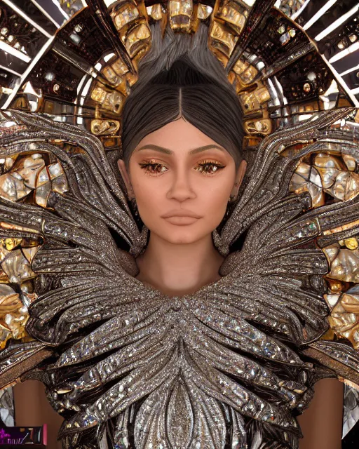 Image similar to a highly detailed metahuman 8 k close up render of kylie jenner renaissance in iris van herpen dress schiaparelli in diamonds crystals swarovski and jewelry iridescent in style of alphonse mucha gustav klimt trending on artstation made in unreal engine 4