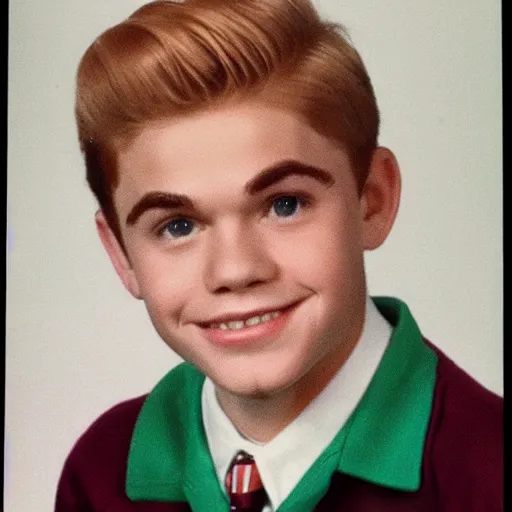 Prompt: a junior yearbook photo of Archie Andrews from 1966