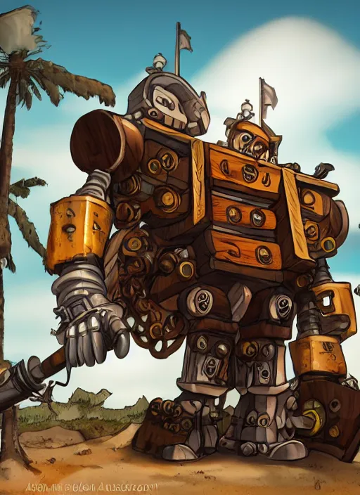 Image similar to A bearded pirate driving a giant wooden bipedal autobot transformer made out of pirate ship, mech suit, canons on arms, wooden mast for legs, sails, digital art