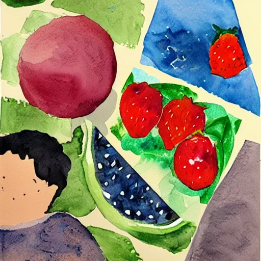 Prompt: watercolor and collage by eric carle, of a man day dreaming about fruit, peaceful mood