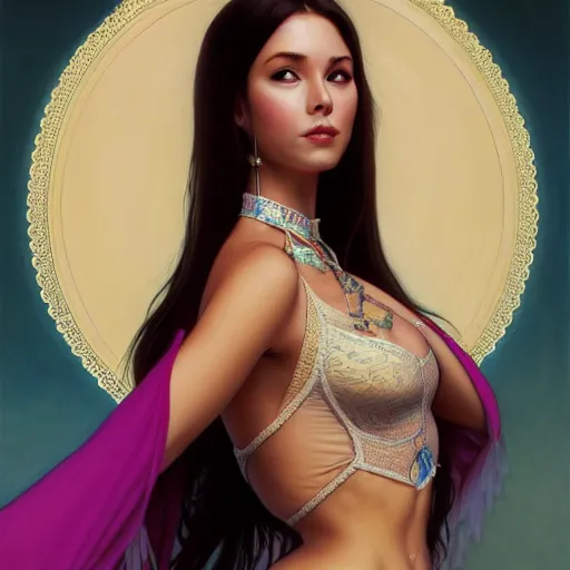 Image similar to wide angle full body portrait of I Dream of Jeannie, with a perfect face and perfect body, thin waist, lace, exposed navel, intricate, highly detailed, digital painting, artstation, concept art, smooth, sharp focus, illustration, Unreal Engine 5, 8K, art by artgerm and greg rutkowski and alphonse mucha