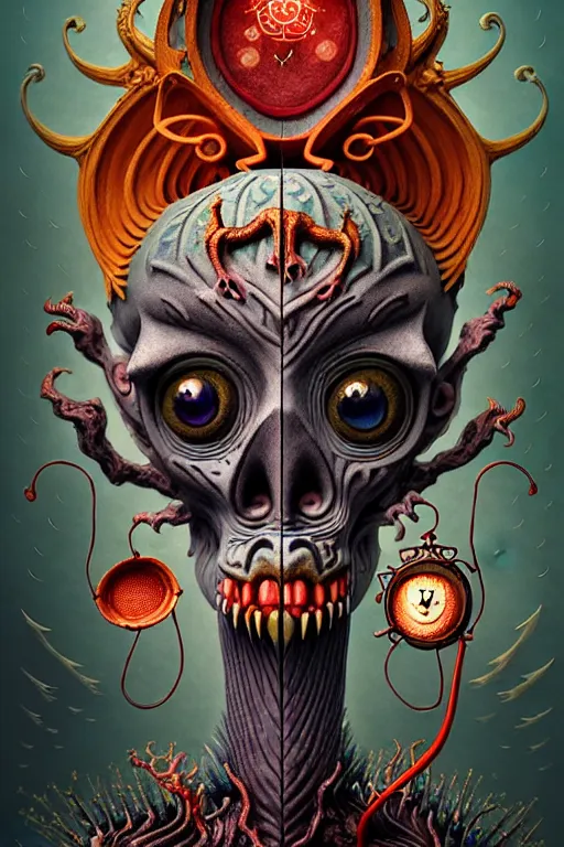 Image similar to A beautiful detailed grotesque monster super cute tarot card, by Gediminas Pranckevicius , symmetrical features, ominous, magical realism, texture, intricate, ornate, royally decorated, skull, skeleton, whirling smoke, embers, red adornements, red torn fabric, radiant colors, fantasy, trending on artstation, volumetric lighting, micro details, 3d sculpture, ray tracing, 8k, anaglyph effect